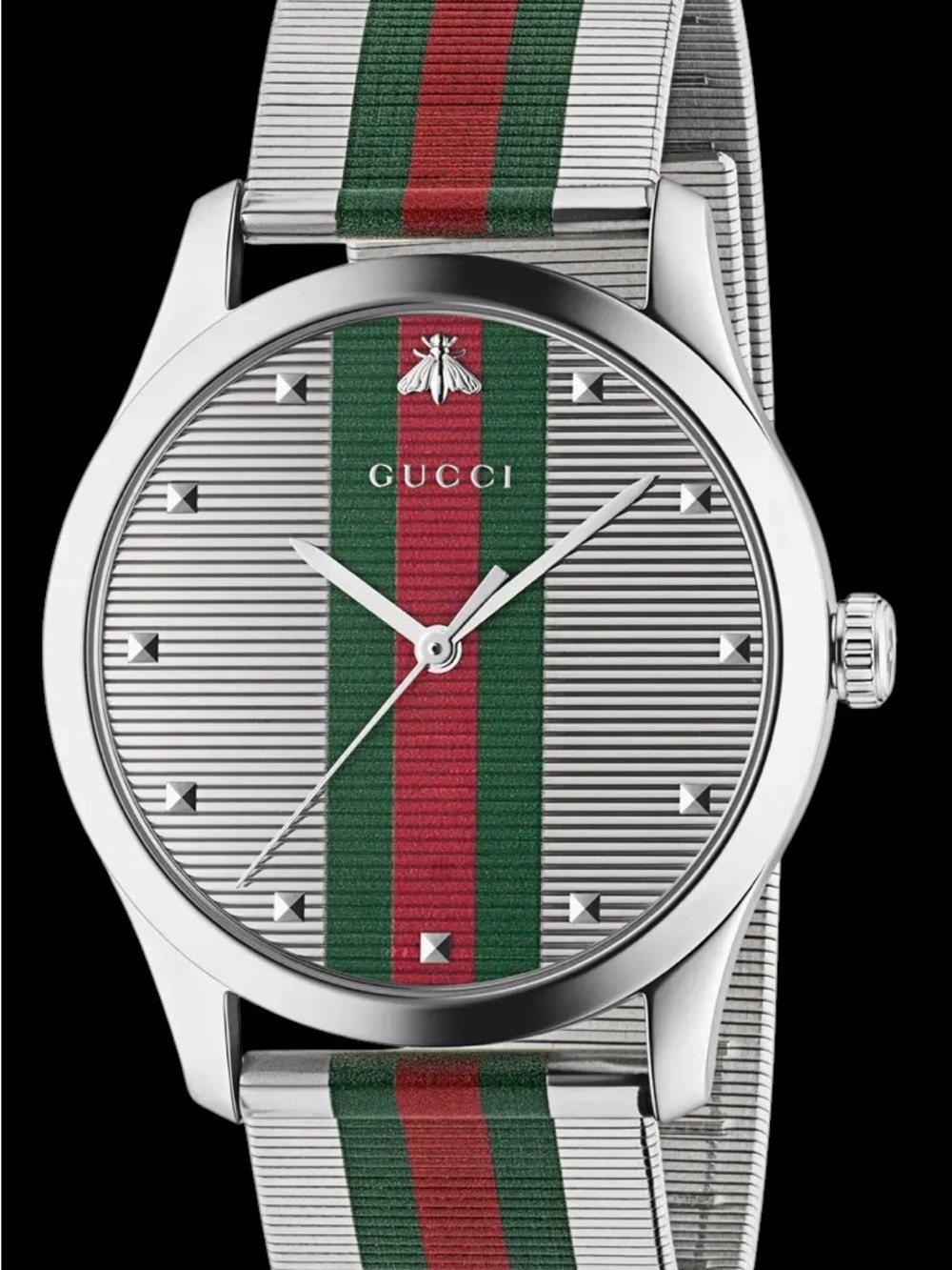 Gucci Silver Mesh Dial Watch with Green and Red Stripe